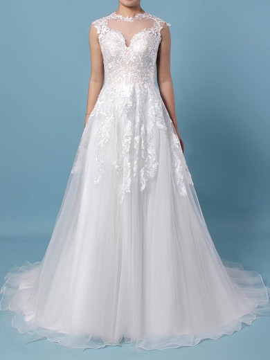 Ball Gown Illusion Tulle Sweep Train Wedding Dresses With Appliques Lace #UKM00023431