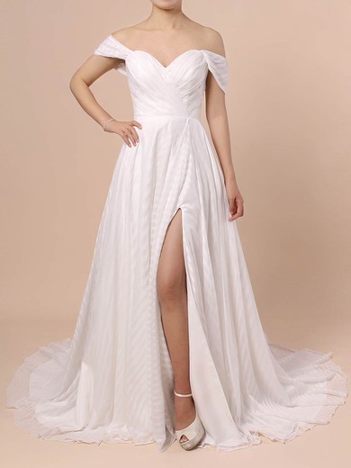 A-line Off-the-shoulder Chiffon Sweep Train Wedding Dresses With Split Front #UKM00023433