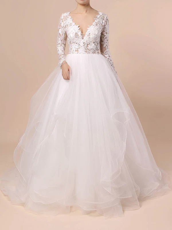 Ball Gown V-neck Organza Sweep Train Wedding Dresses With Cascading Ruffles #UKM00023436