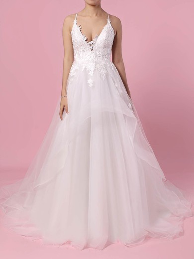 Ball Gown V-neck Tulle Sweep Train Wedding Dresses With Appliques Lace #UKM00023438