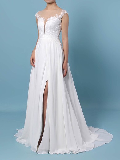 A-line Illusion Chiffon Sweep Train Wedding Dresses With Split Front #UKM00023440