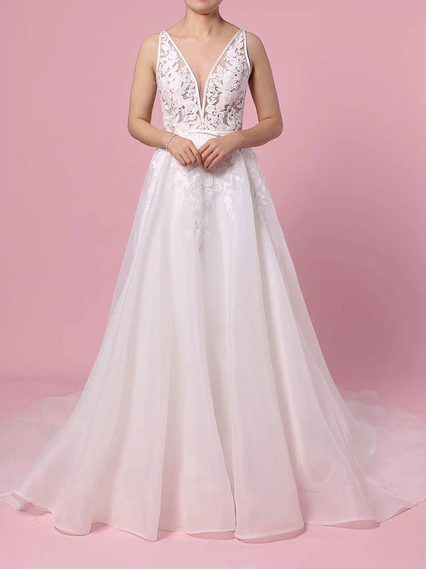 Organza Tulle V-neck A-line Sweep Train Appliques Lace Wedding Dresses #UKM00023442