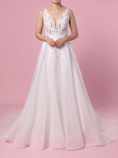 Ball Gown V-neck Organza Sweep Train Wedding Dresses With Appliques Lace #UKM00023442