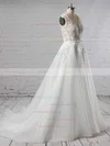 Organza Tulle V-neck A-line Sweep Train Appliques Lace Wedding Dresses #UKM00023442