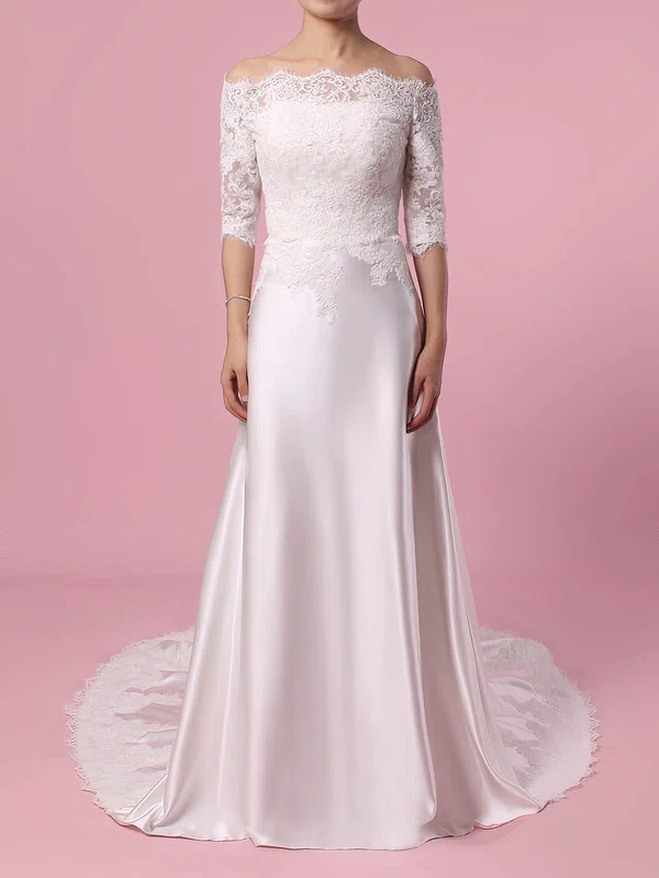 Sheath/Column Off-the-shoulder Lace Satin Sweep Train Wedding Dresses With Appliques Lace #UKM00023445