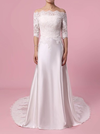 Sheath/Column Off-the-shoulder Lace Satin Sweep Train Wedding Dresses With Appliques Lace #UKM00023445