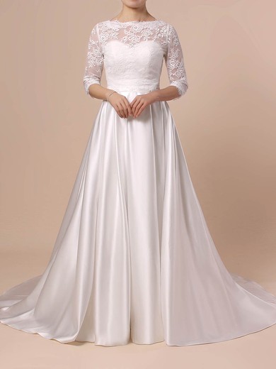 Ball Gown Illusion Lace Satin Sweep Train Wedding Dresses With Pockets #UKM00023446