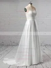 Lace Satin Scalloped Neck Ball Gown Sweep Train Sashes / Ribbons Wedding Dresses #UKM00023446