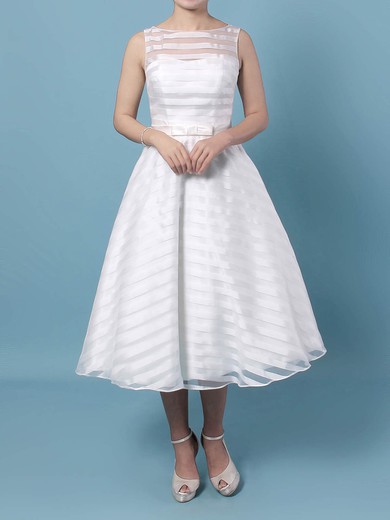 Ball Gown Scoop Neck Organza Tea-length Wedding Dresses With Sashes / Ribbons #UKM00023449