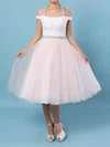 Tulle Halter Ball Gown Tea-length Beading Wedding Dresses #UKM00023450