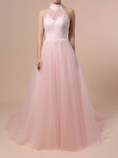 Ball Gown Halter Tulle Sweep Train Wedding Dresses With Appliques Lace #UKM00023452