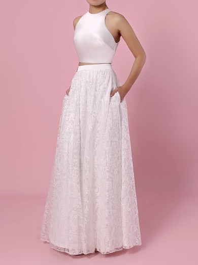 A-line Scoop Neck Lace Floor-length Wedding Dresses With Pockets #UKM00023456