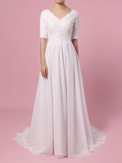 A-line V-neck Lace Chiffon Sweep Train Wedding Dresses With Beading #UKM00023463