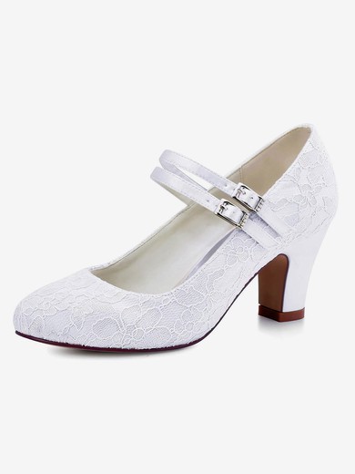 Women's Pumps Chunky Heel White Satin Wedding Shoes #UKM03030875