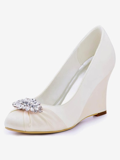 Women's Closed Toe Wedge Heel White Satin Wedding Shoes #UKM03030877