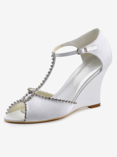 Women's Peep Toe Wedge Heel White Satin Wedding Shoes #UKM03030882
