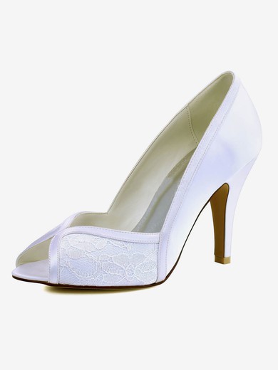 Women's Pumps Cone Heel White Satin Wedding Shoes #UKM03030894