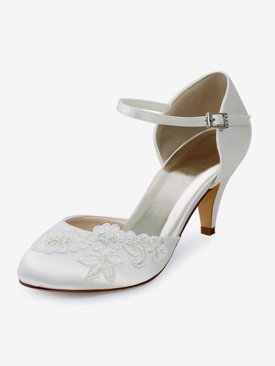Women's Pumps Cone Heel White Satin Wedding Shoes #UKM03030899