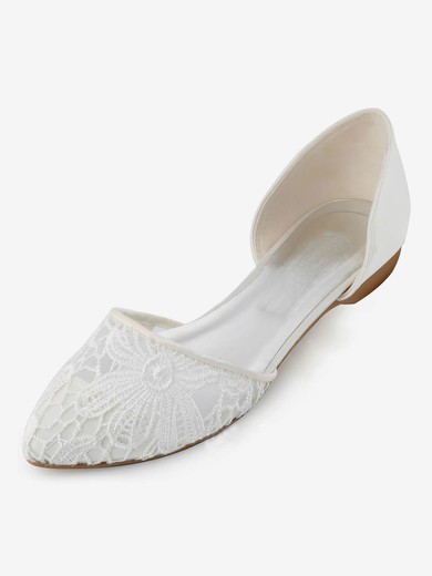 Women's Closed Toe Flat Heel White Satin Wedding Shoes #UKM03030900