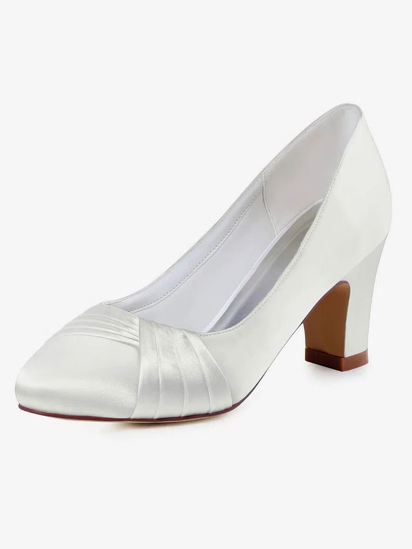 Women's Pumps Chunky Heel White Satin Wedding Shoes #UKM03030901