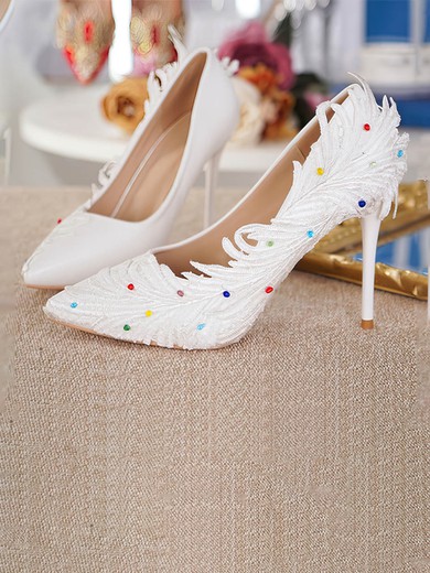 Women's Pumps Stiletto Heel White Leatherette Wedding Shoes #UKM03030912