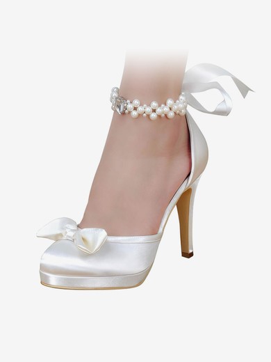 Women's Pumps Stiletto Heel White Satin Wedding Shoes #UKM03030918