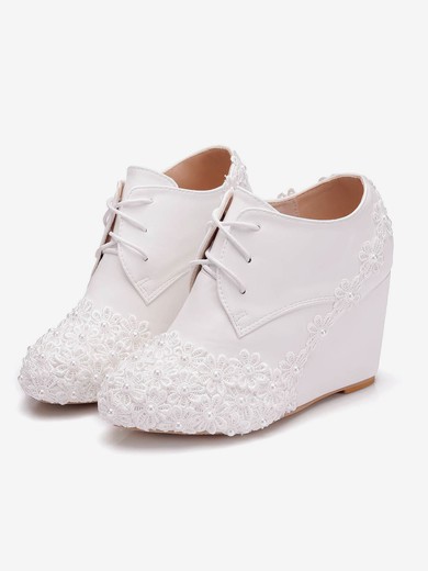Women's Pumps Wedge Heel White Leatherette Wedding Shoes #UKM03030929