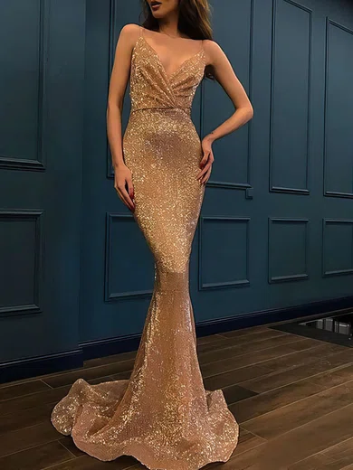 Mermaid V-neck Glitter Prom Dresses With Ruched #UKM020106503