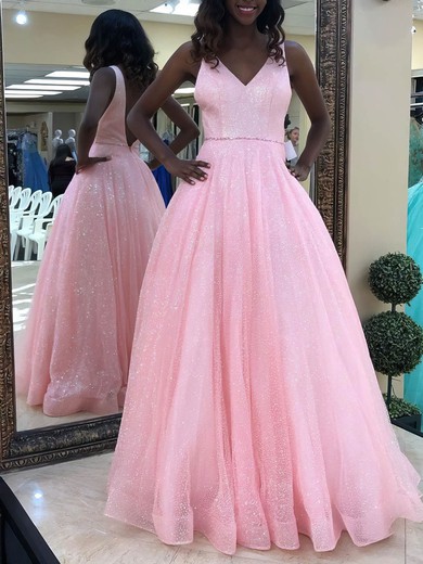 Glitter V-neck Princess Floor-length Beading Prom Dresses #UKM020106507