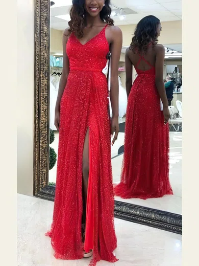 A-line Floor-length V-neck Sequined Split Front Prom Dresses #UKM020106508