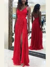 A-line Floor-length V-neck Sequined Split Front Prom Dresses #UKM020106508