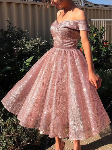 A-line Off-the-shoulder Glitter Tea-length Short Prom Dresses #UKM020106510