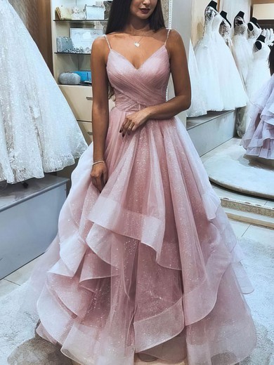 Glitter V-neck Princess Floor-length Cascading Ruffles Prom Dresses #UKM020106511