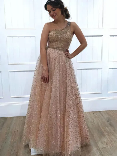 Glitter One Shoulder A-line Floor-length Beading Prom Dresses #UKM020106516
