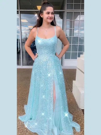 Sequined Square Neckline A-line Floor-length Split Front Prom Dresses #UKM020106518