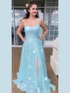 Sequined Square Neckline A-line Floor-length Split Front Prom Dresses #UKM020106518
