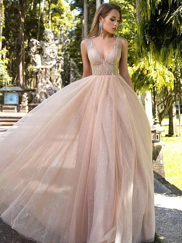 Tulle Glitter V-neck Princess Floor-length Beading Prom Dresses #UKM020106519