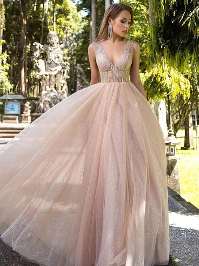 Ball Gown V-neck Floor-length Tulle Prom Dresses With Beading #UKM020106519