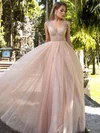 Ball Gown V-neck Tulle Glitter Floor-length Beading Prom Dresses #UKM020106519