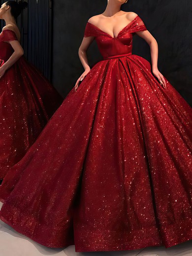 Ball Gown/Princess Floor-length Off-the-shoulder Glitter Prom Dresses #UKM020106520