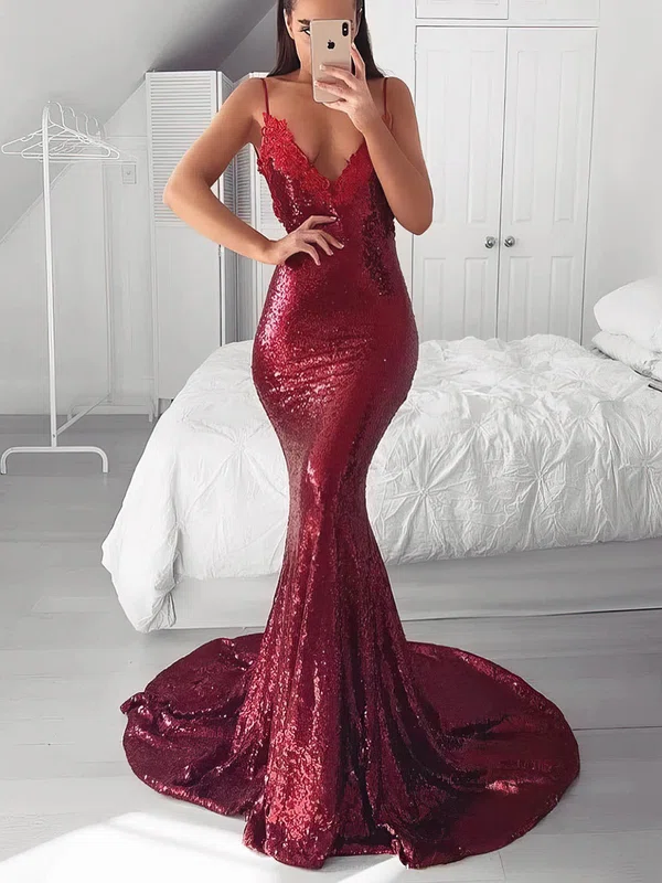 Trumpet/Mermaid Sweep Train V-neck Sequined Appliques Lace Prom Dresses #UKM020106523