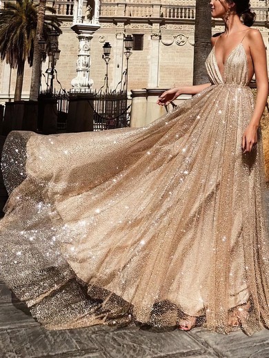 Glitter V-neck A-line Sweep Train Prom Dresses #UKM020106528