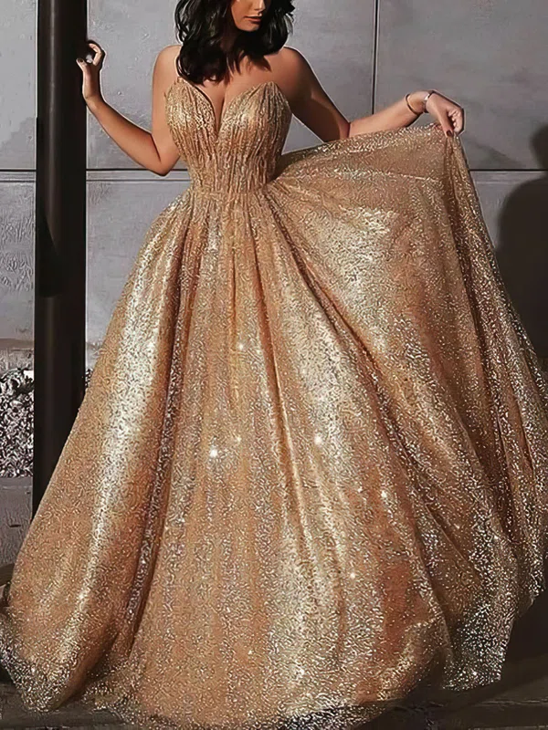 Ball Gown/Princess Sweep Train V-neck Glitter Prom Dresses #UKM020106532