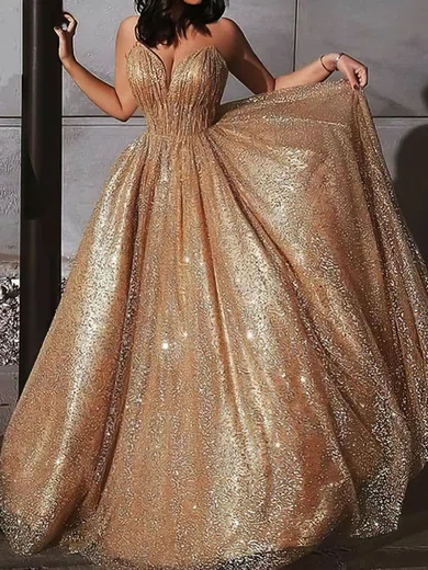 Ball Gown V-neck Backless Sparkly Sequin Prom Dresses #UKM020106532