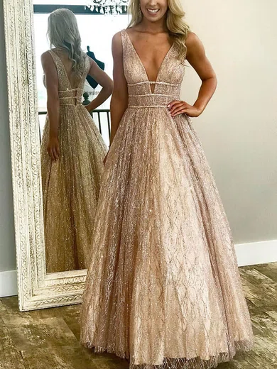 Ball Gown V-neck Floor-length Glitter Prom Dresses With Beading #UKM020106533