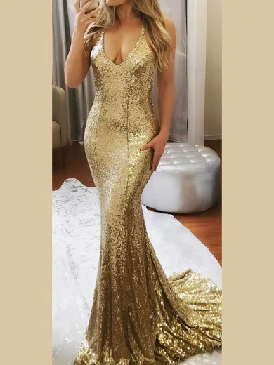Mermaid V-neck Sparkly Sequin Prom Dresses With Beading #UKM020106535