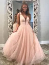 Ball Gown/Princess Floor-length V-neck Tulle Glitter Beading Prom Dresses #UKM020106542