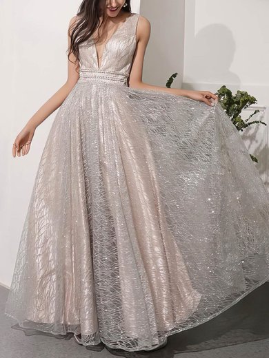 Glitter V-neck A-line Floor-length Beading Prom Dresses #UKM020106543
