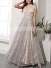 Glitter V-neck A-line Floor-length Beading Prom Dresses #UKM020106543