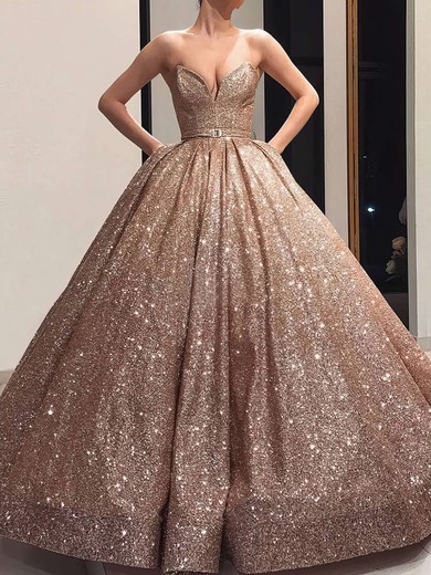 Ball Gown/Princess Floor-length V-neck Glitter Sashes / Ribbons Prom Dresses #UKM020106547